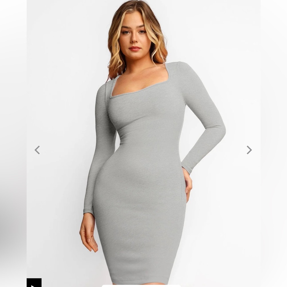 NWT Popilush Long Sleeve Shapewear Midi Dress Gray Built-In Bra Bodycon Size S